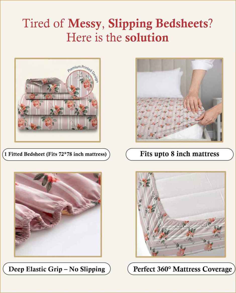 DREAM WEAVERZ Elastic Fitted Double Bedsheet with 2 Frill Pillow Covers | Cotton Blend | Light Pink