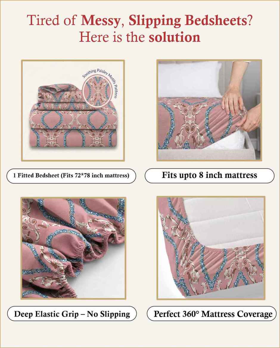 DREAM WEAVERZ Elastic Fitted Double Bedsheet with 2 Frill Pillow Covers | Cotton Blend | Pink