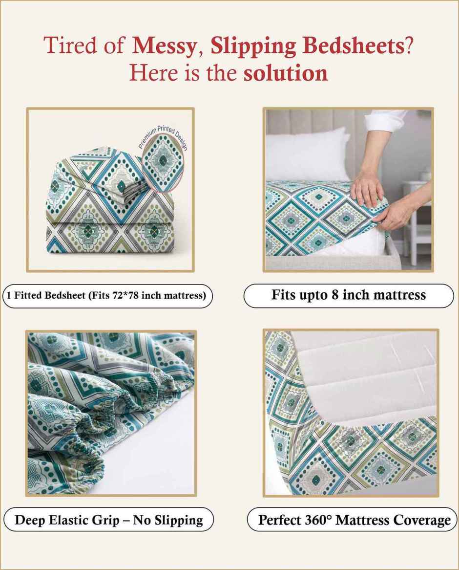 DREAM WEAVERZ Elastic Fitted Double Bedsheet with 2 Frill Pillow Covers | Cotton Blend | Green
