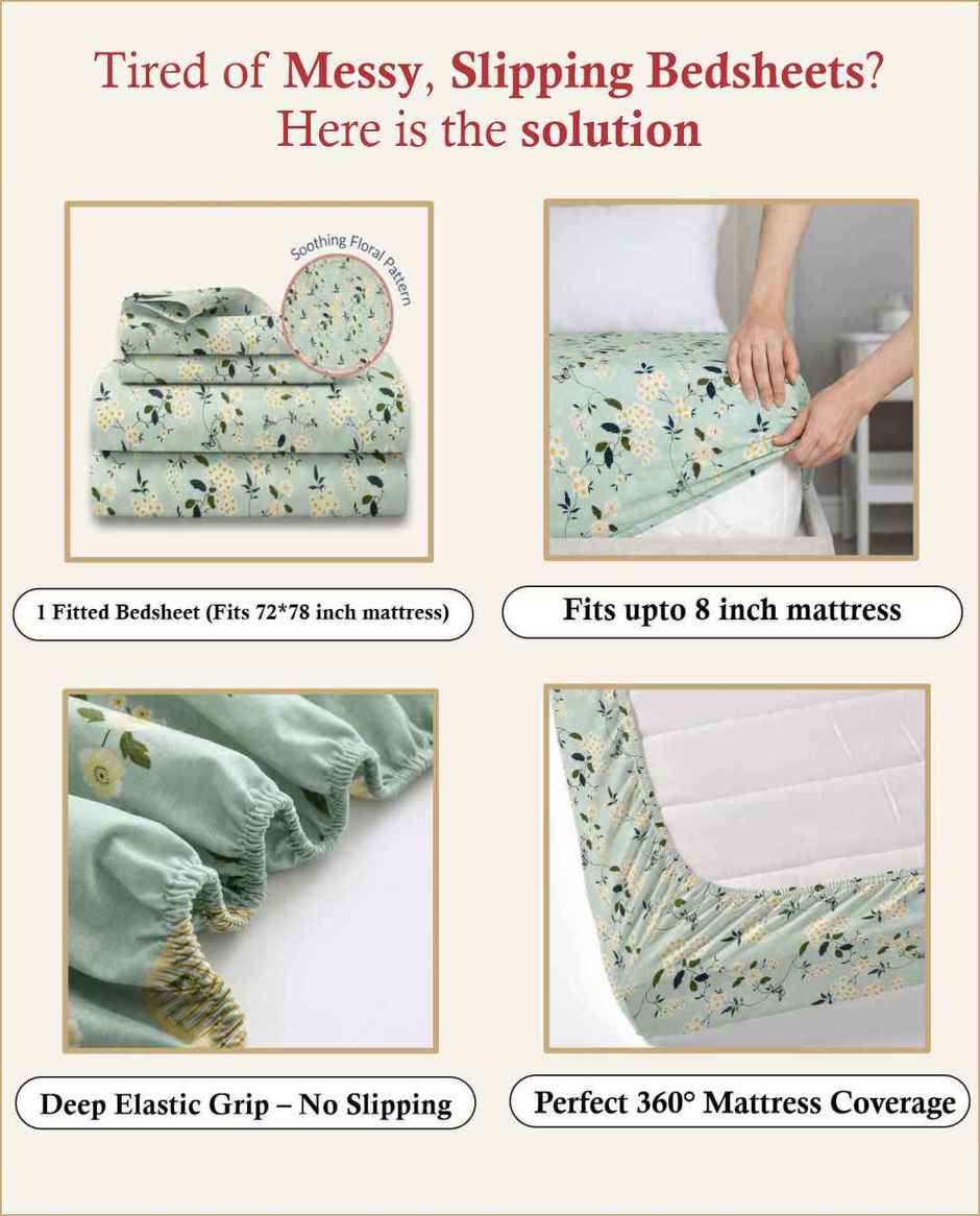 DREAM WEAVERZ Elastic Fitted Double Bedsheet with 2 Frill Pillow Covers | Cotton Blend | Light Green
