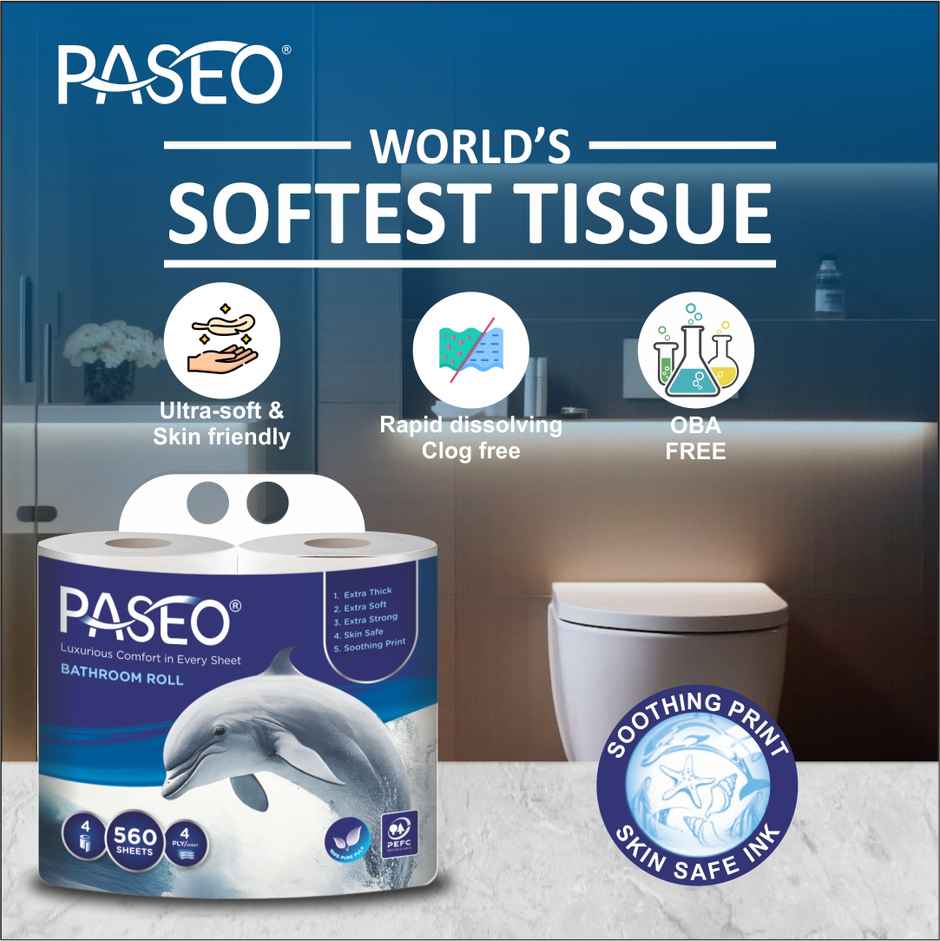 Paseo Dolphin Toilet Roll | 140Sheet | 4 Ply | Pack of 4