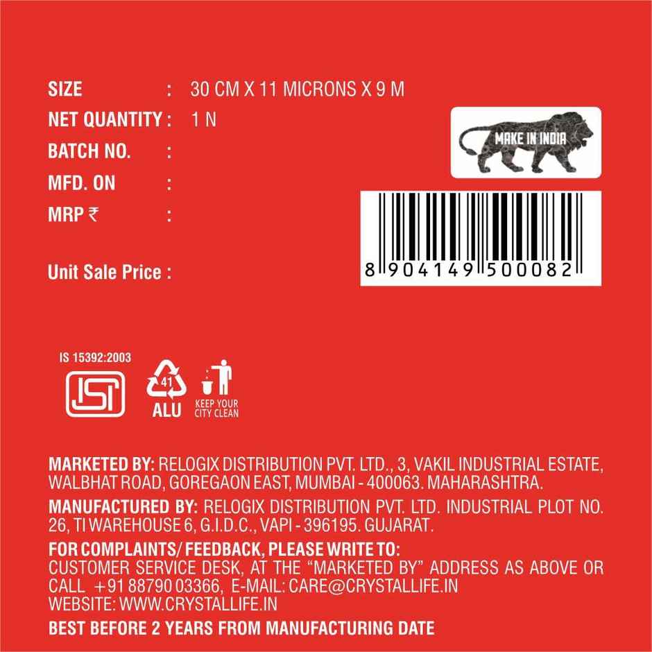 Crystal Life Aluminium Foil Wrap | 9 Meter | 11 Mic