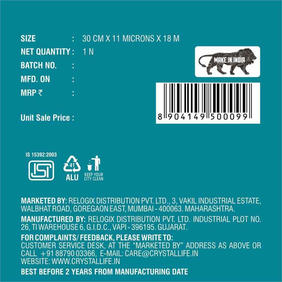 Crystal Life Aluminium Foil Wrap | 18 Meter | 11 Mic