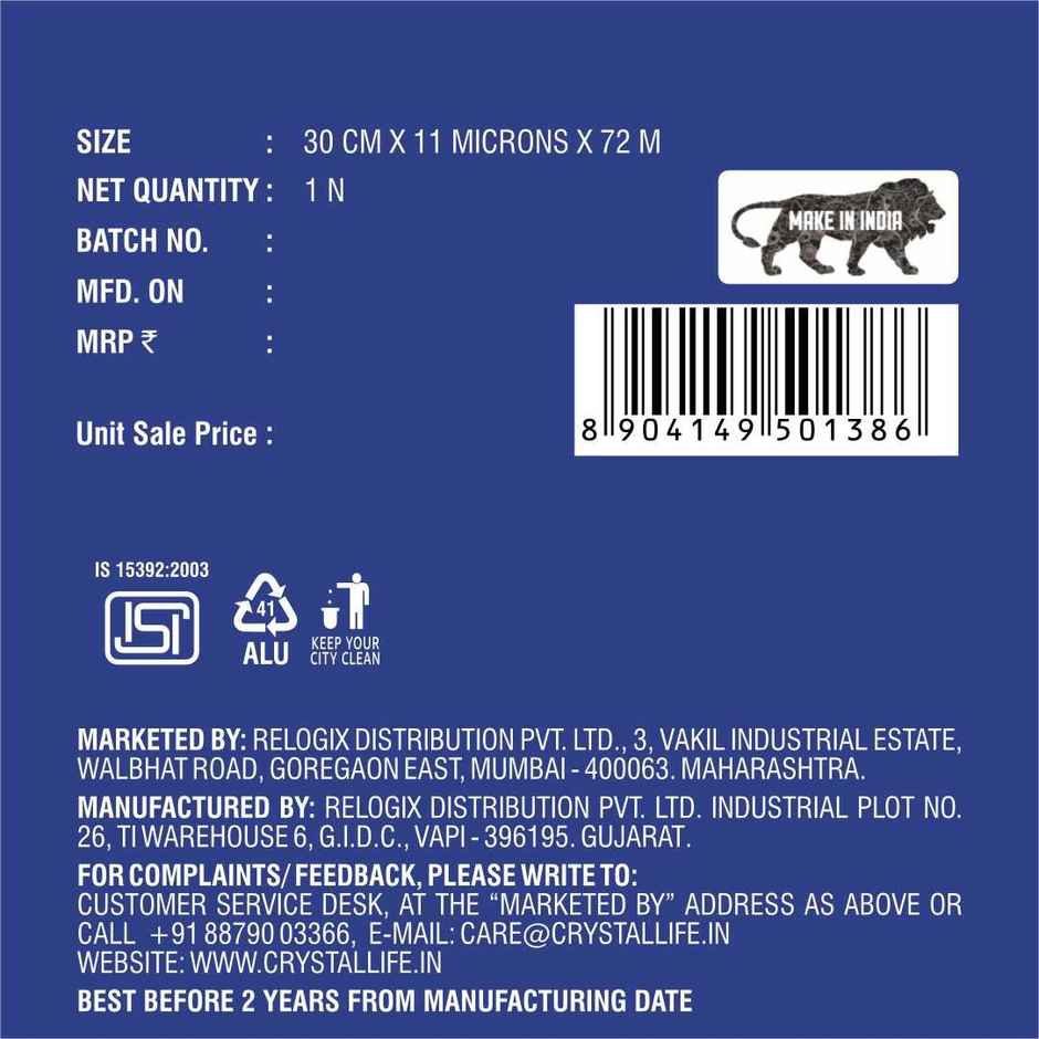 Crystal Life Aluminium Foil Wrap | 72 meter | 11 Mic