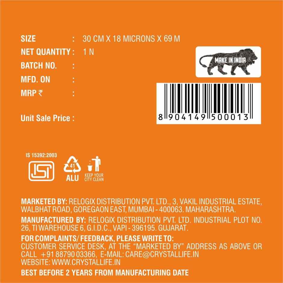 Crystal Life Aluminium Foil Wrap | 1 kg | 69 Meter | 18 Mic