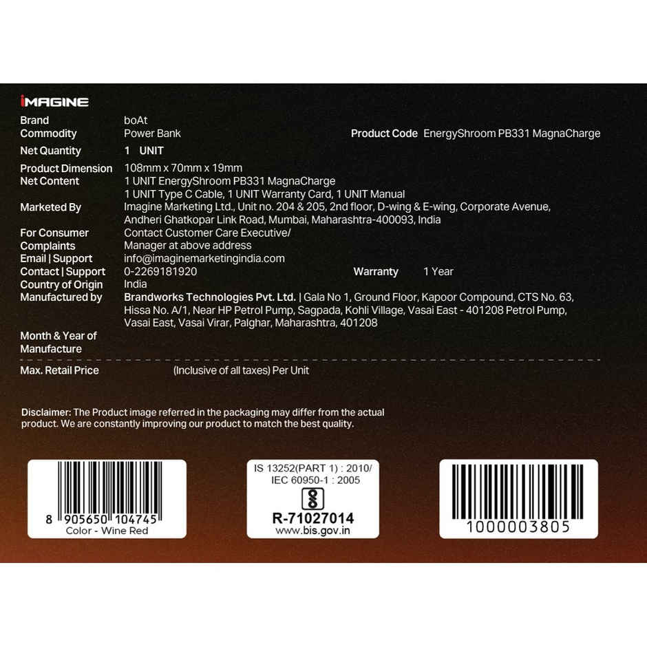 boat EnergyShroom PB331 MagnaCharge Wireless Powerbank | Wine Red