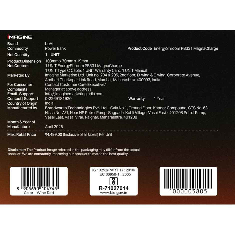 boat EnergyShroom PB331 MagnaCharge Wireless Powerbank | Wine Red