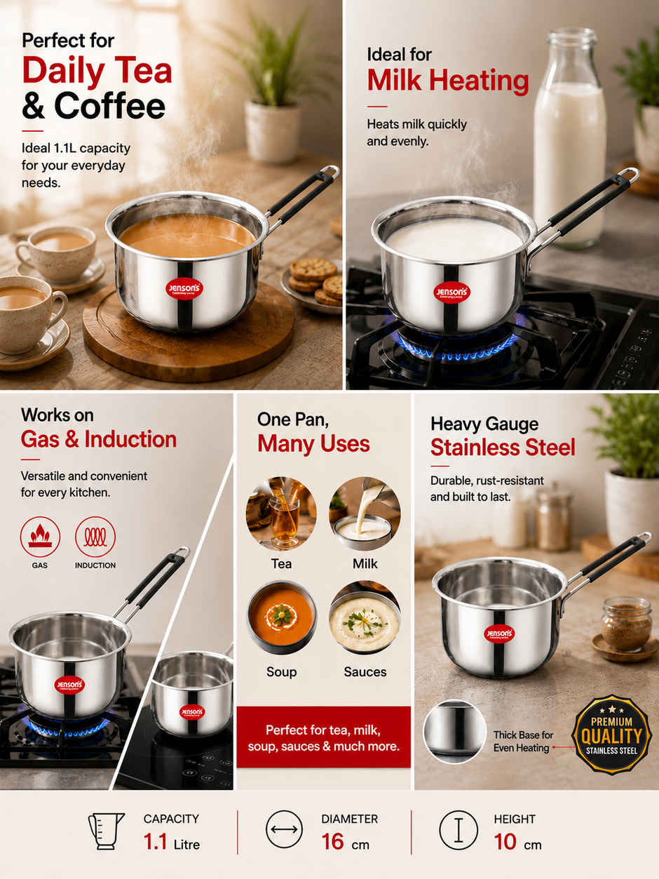 Jensons Stainless Steel Tea & Milk Pan 1.1L | Heavy Gauge | Induction & Gas Compatible | Dishwasher Safe