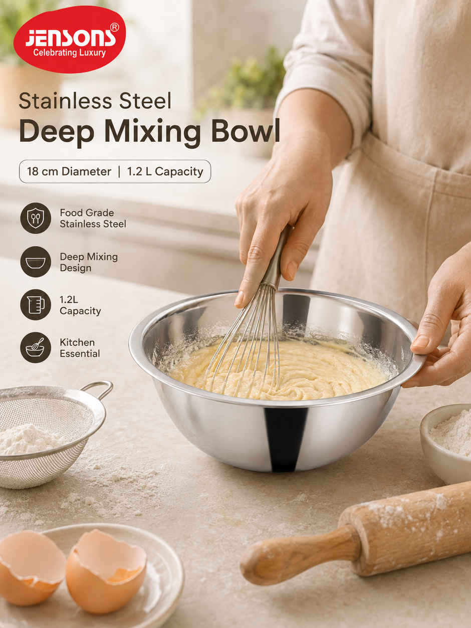 Jensons Stainless Steel Deep Mixing Bowl 18cm | 1.2L Food Grade Bowl | Prep Mix Serve Use
