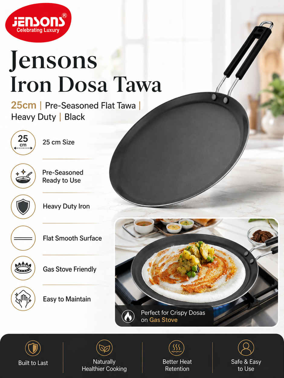 Jensons Iron Dosa Tawa | Pre-Seasoned Flat Tawa | Heavy Duty | Black - 25 cm