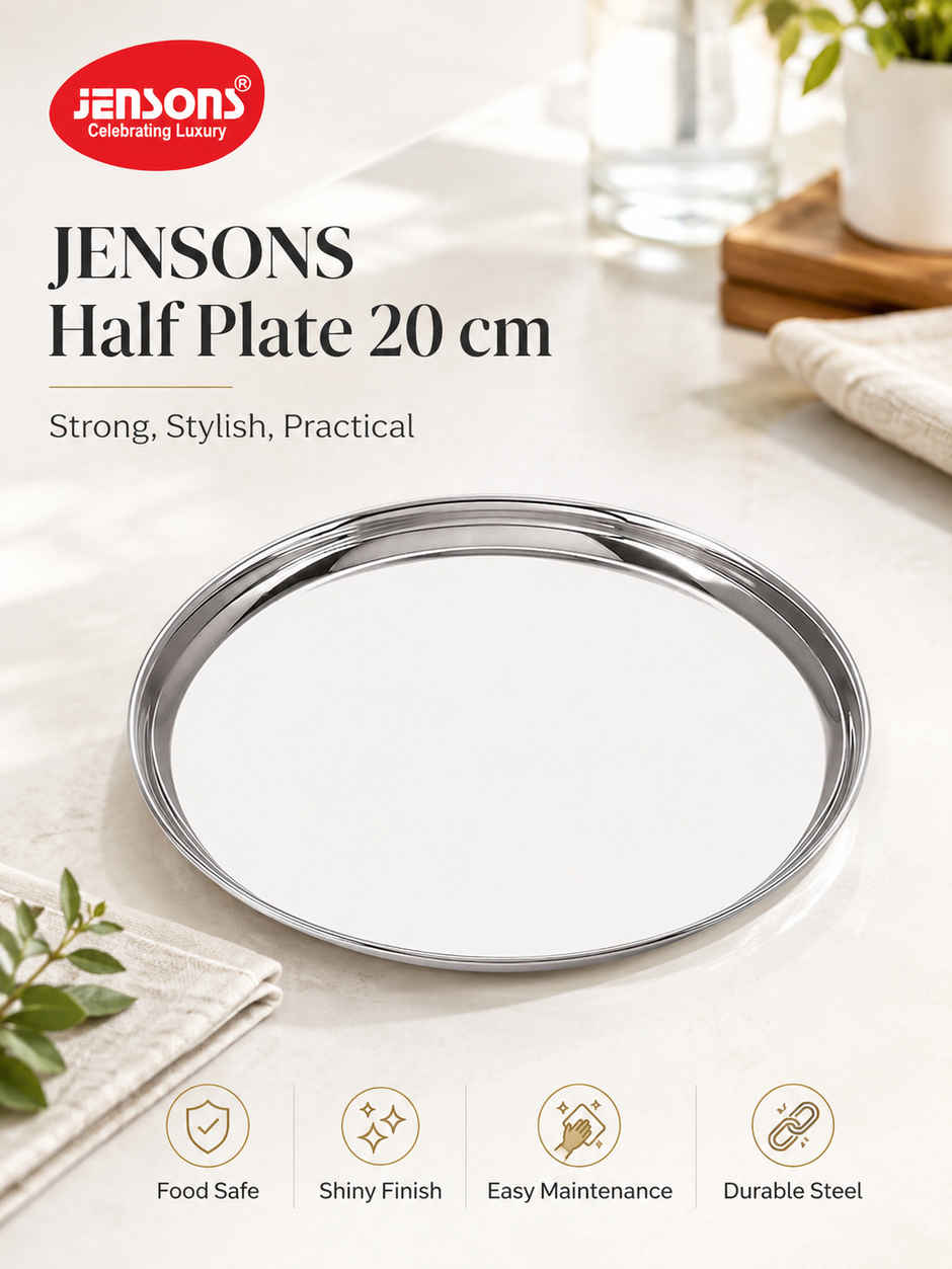 Jensons Stainless Steel Half Plate 20 cm | Heavy Gauge Food Grade Steel Thali | Mirror Finish