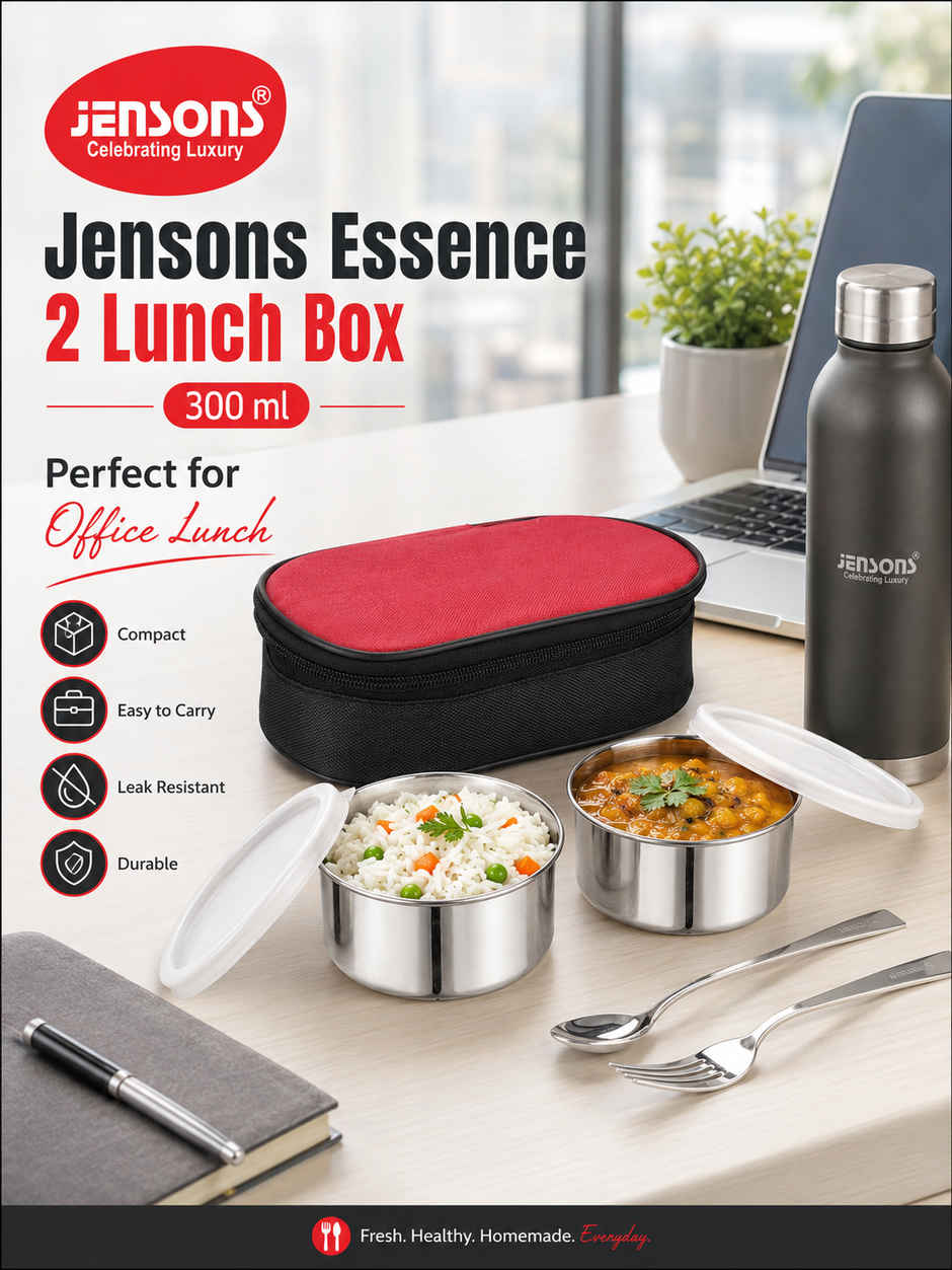 Jensons Stainless Steel Essence Lunch Box with 2 | Leak Resistant Containers |300mlX2