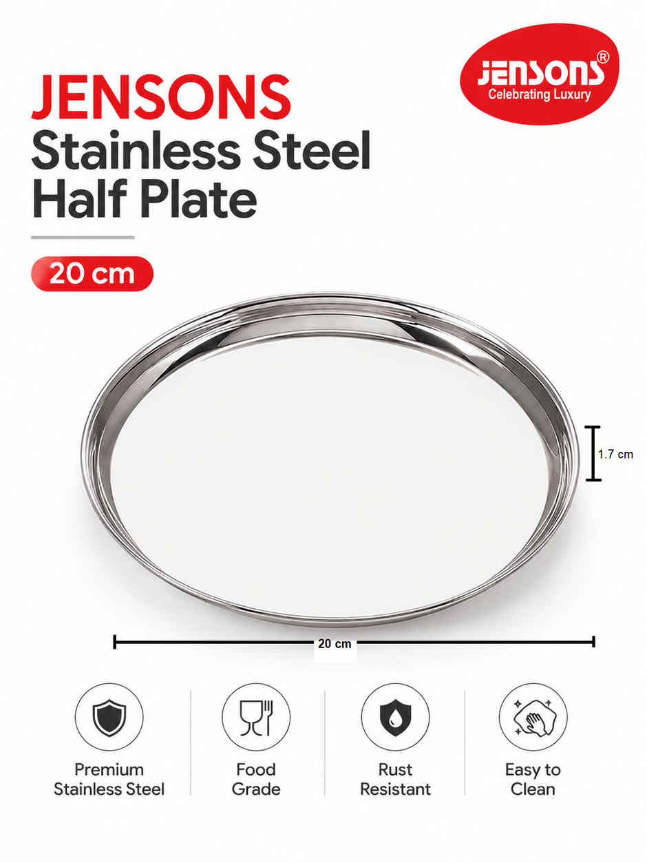 Jensons Stainless Steel Half Plate 20 cm | Heavy Gauge Food Grade Steel Thali | Mirror Finish