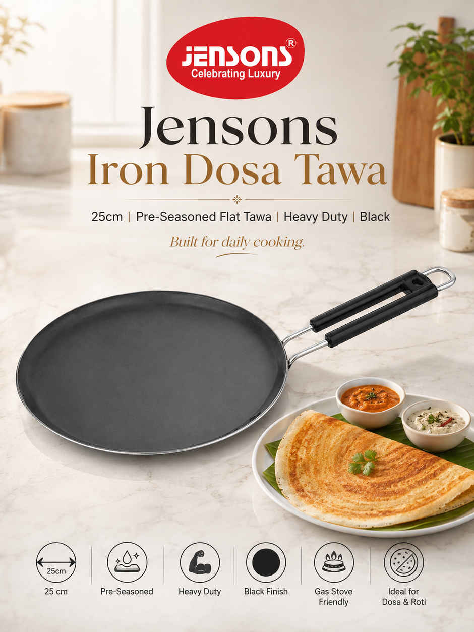 Jensons Iron Dosa Tawa | Pre-Seasoned Flat Tawa | Heavy Duty | Black - 25 cm