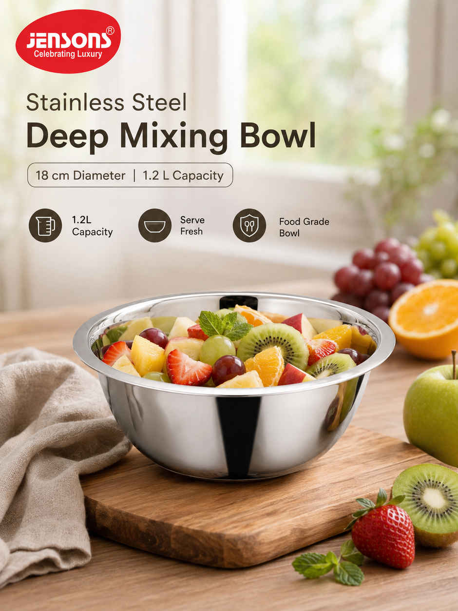 Jensons Stainless Steel Deep Mixing Bowl 18cm | 1.2L Food Grade Bowl | Prep Mix Serve Use