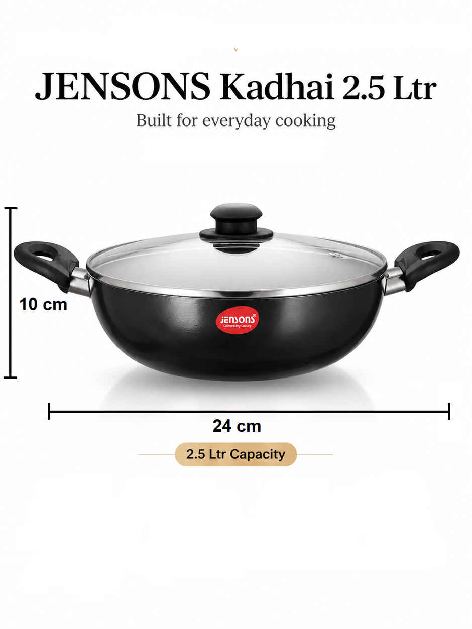 Jensons Non Stick Kadai 24 cm with Glass Lid | Induction & Gas Compatible | 2.5L