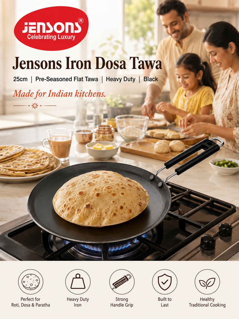 Jensons Iron Dosa Tawa | Pre-Seasoned Flat Tawa | Heavy Duty | Black - 25 cm