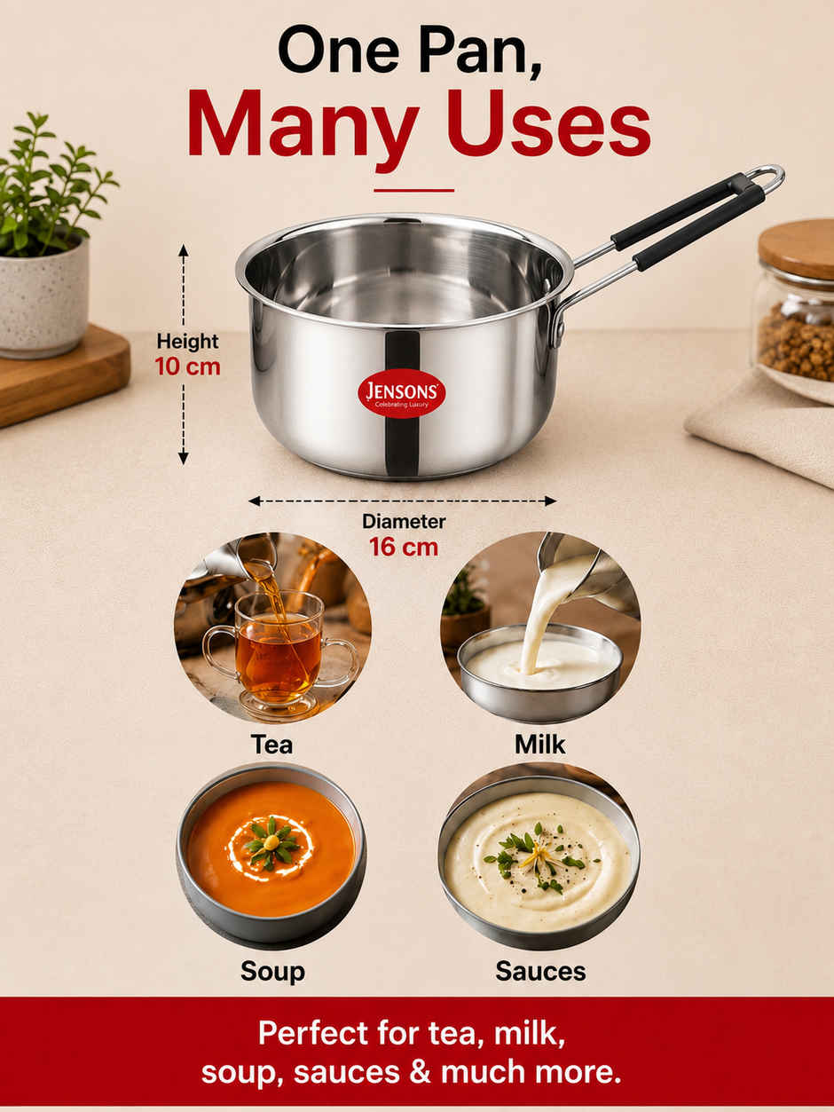 Jensons Stainless Steel Tea & Milk Pan 1.1L | Heavy Gauge | Induction & Gas Compatible | Dishwasher Safe
