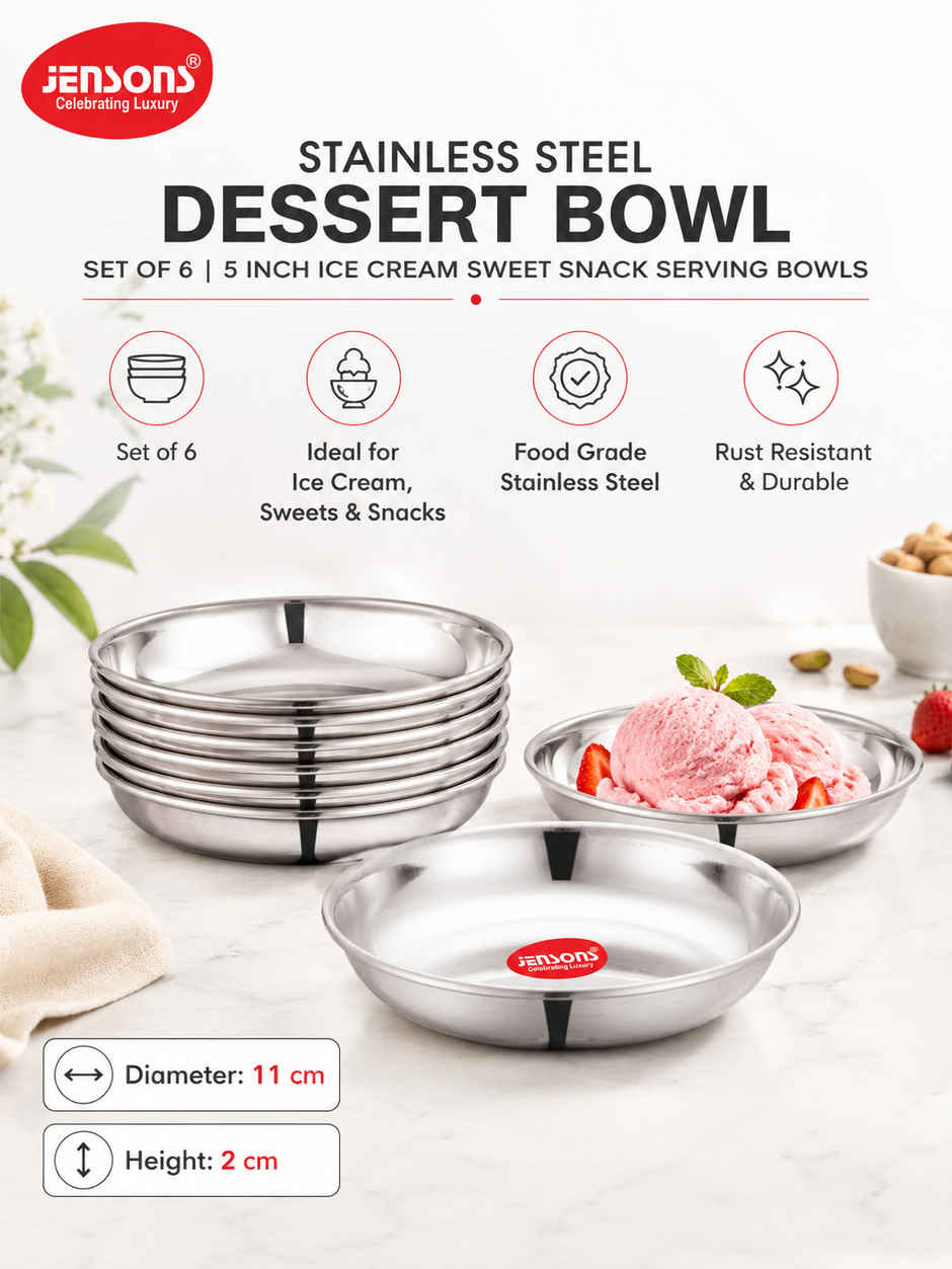 Jensons Stainless Steel Dessert Bowl Set of 6 | 5 Inch Ice Cream Sweet Snack Serving Bowls