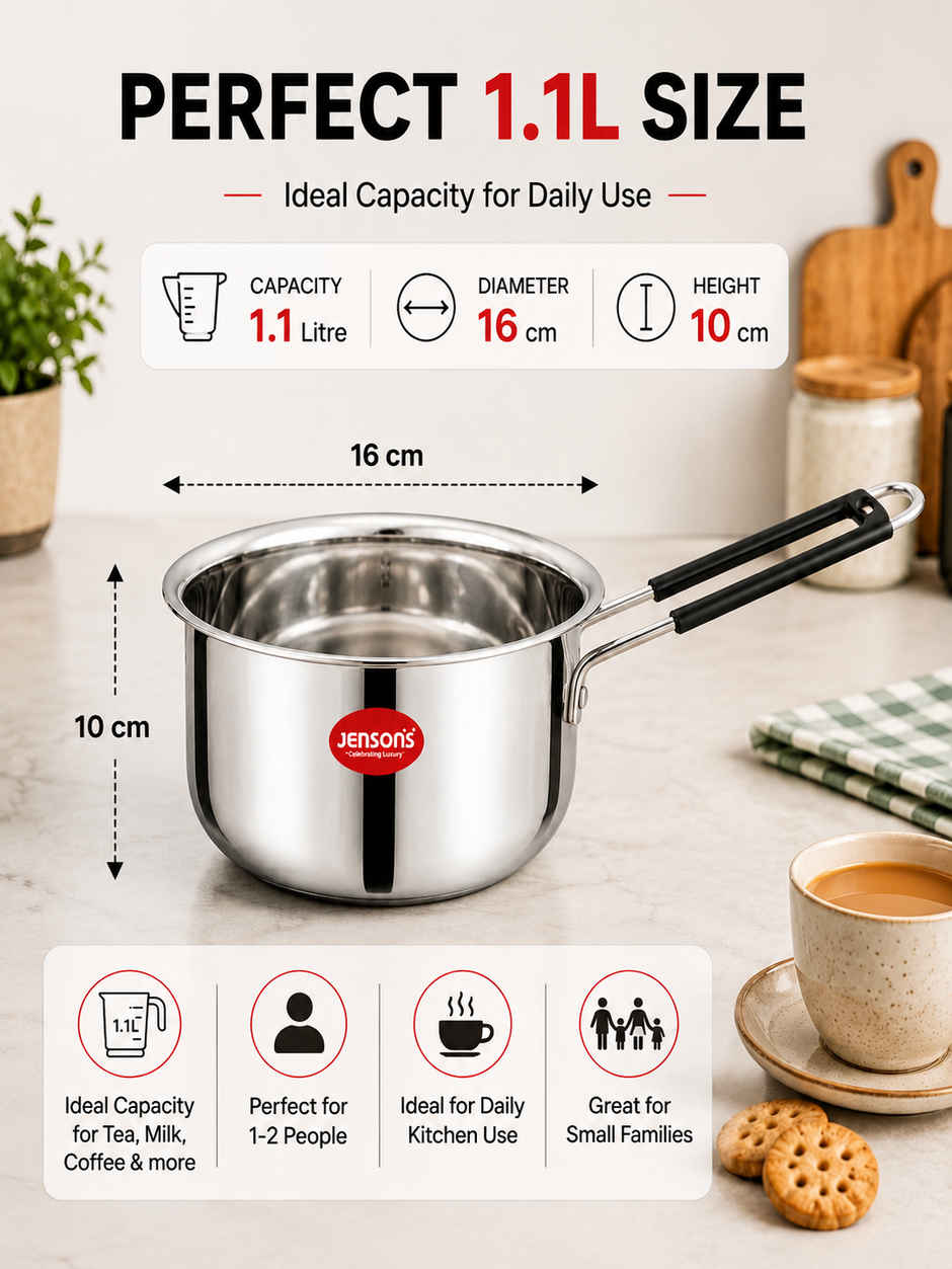 Jensons Stainless Steel Tea & Milk Pan 1.1L | Heavy Gauge | Induction & Gas Compatible | Dishwasher Safe