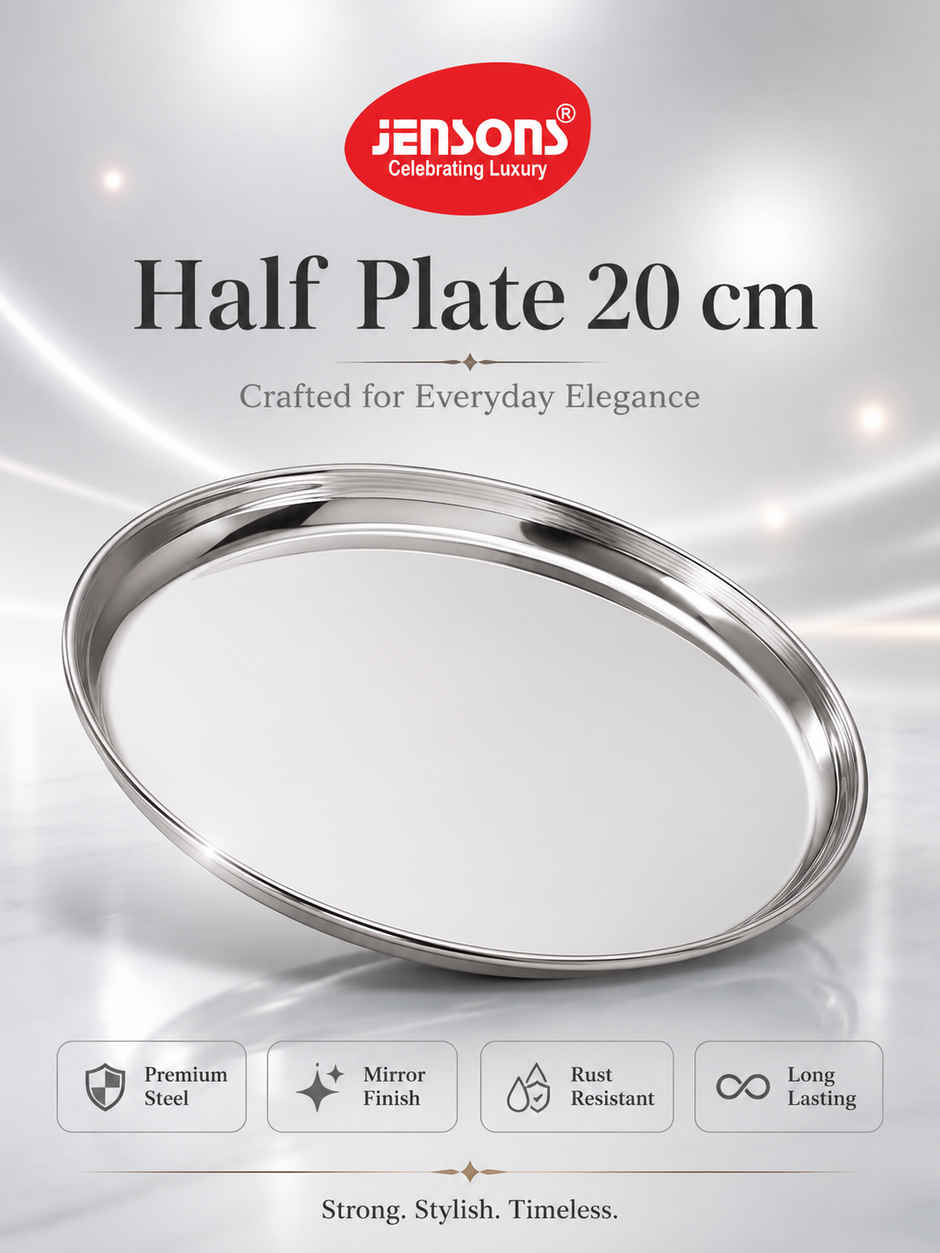 Jensons Stainless Steel Half Plate 20 cm | Heavy Gauge Food Grade Steel Thali | Mirror Finish