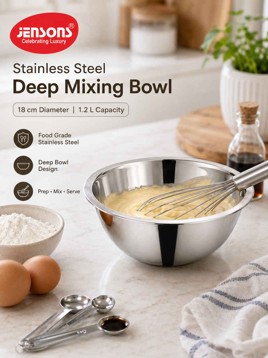 Jensons Stainless Steel Deep Mixing Bowl 18cm | 1.2L Food Grade Bowl | Prep Mix Serve Use