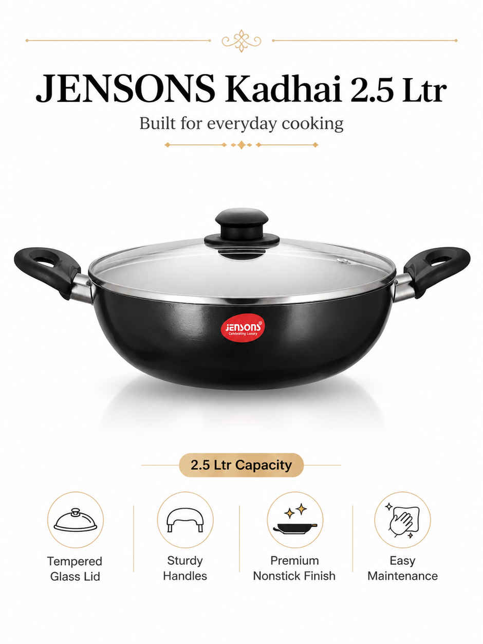 Jensons Non Stick Kadai 24 cm with Glass Lid | Induction & Gas Compatible | 2.5L