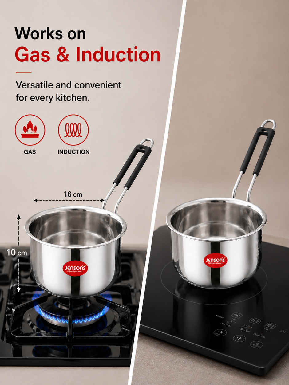 Jensons Stainless Steel Tea & Milk Pan 1.1L | Heavy Gauge | Induction & Gas Compatible | Dishwasher Safe