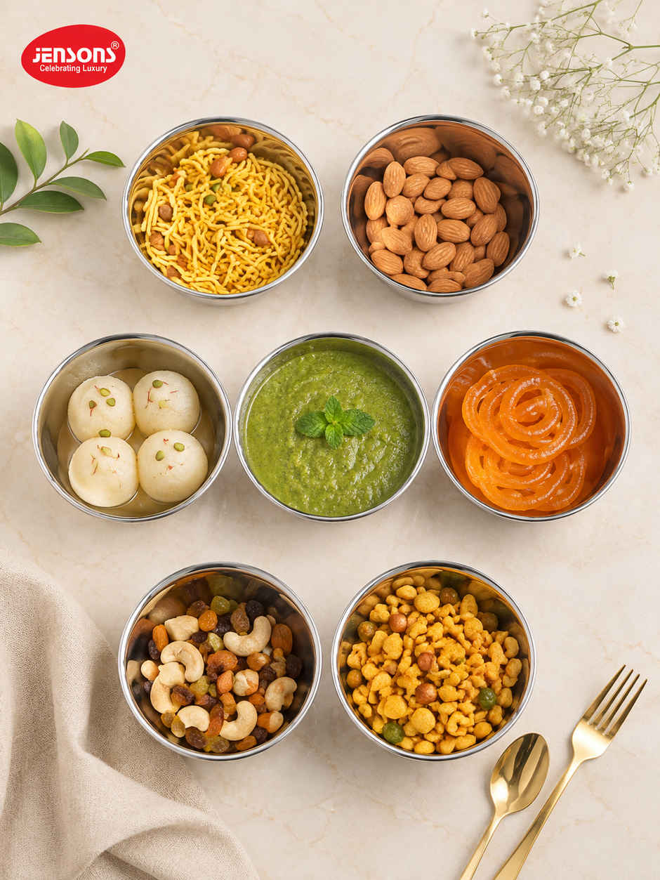 Jensons Stainless Steel Katori Set of 6 | 9cm Food Grade Bowls | Dining & Serving Use