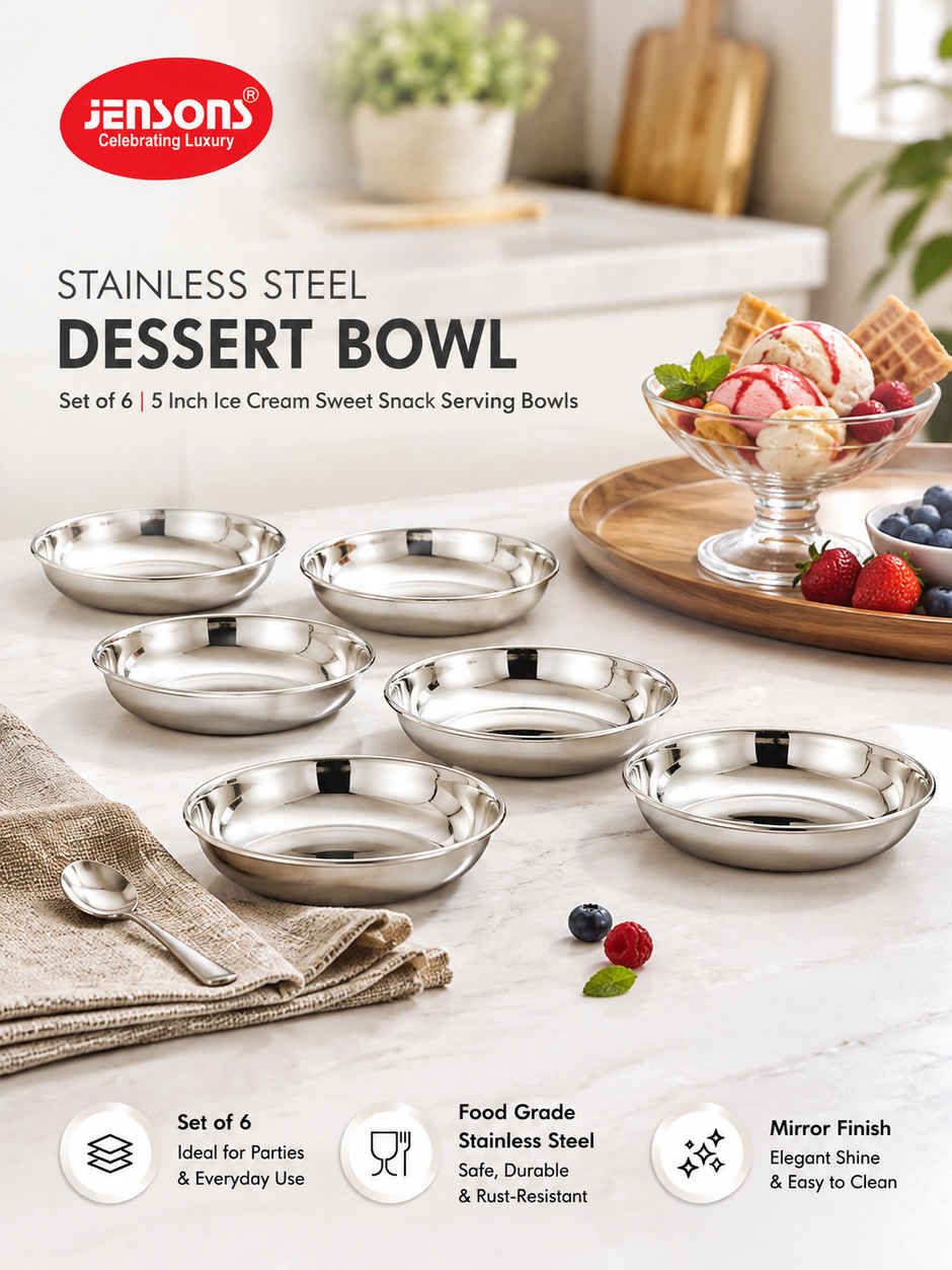 Jensons Stainless Steel Dessert Bowl Set of 6 | 5 Inch Ice Cream Sweet Snack Serving Bowls