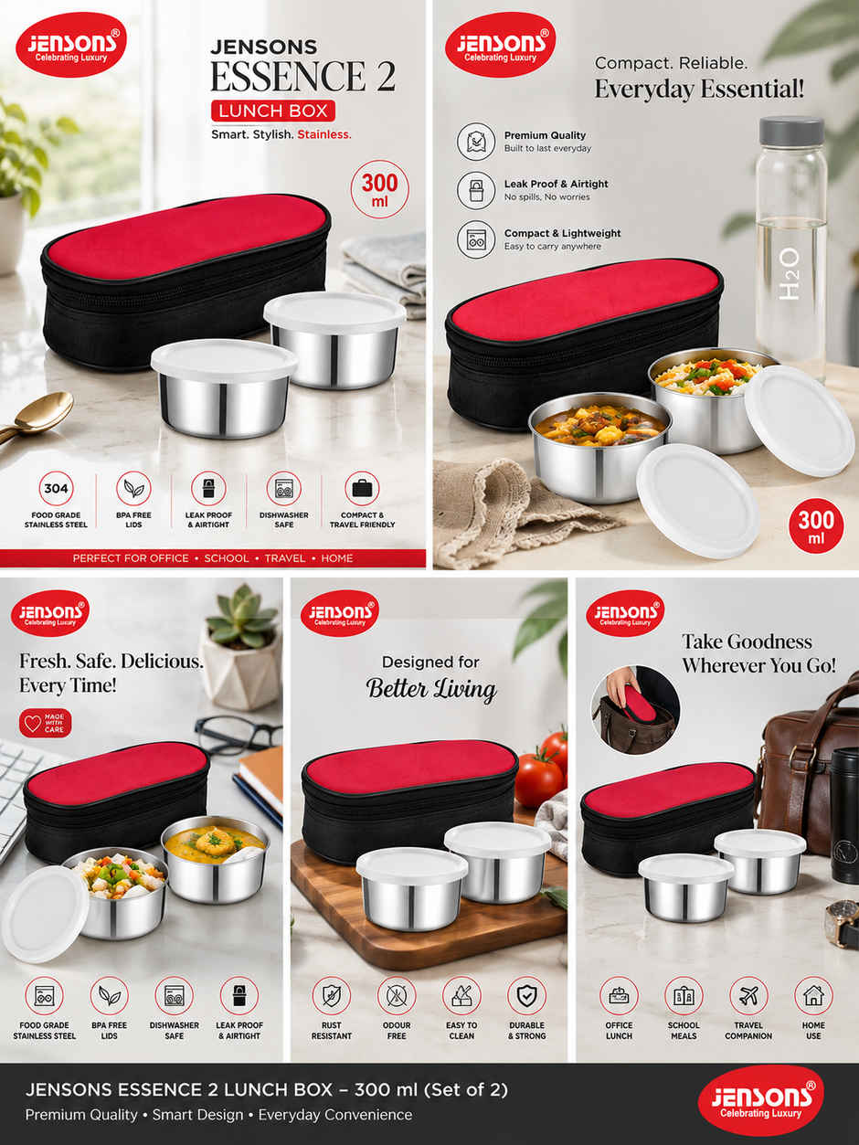 Jensons Stainless Steel Essence Lunch Box with 2 | Leak Resistant Containers |300mlX2
