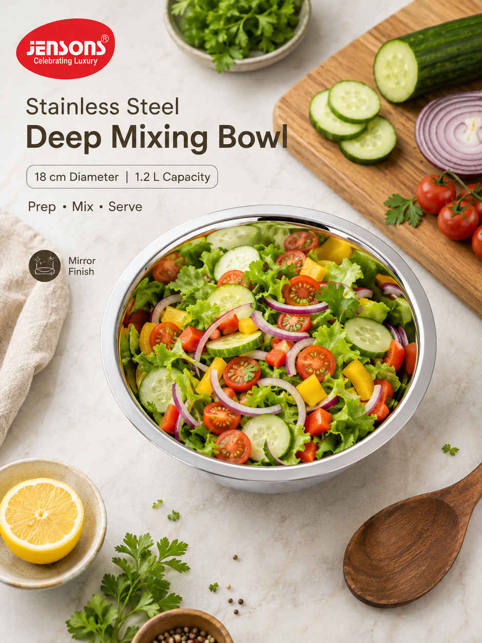 Jensons Stainless Steel Deep Mixing Bowl 18cm | 1.2L Food Grade Bowl | Prep Mix Serve Use