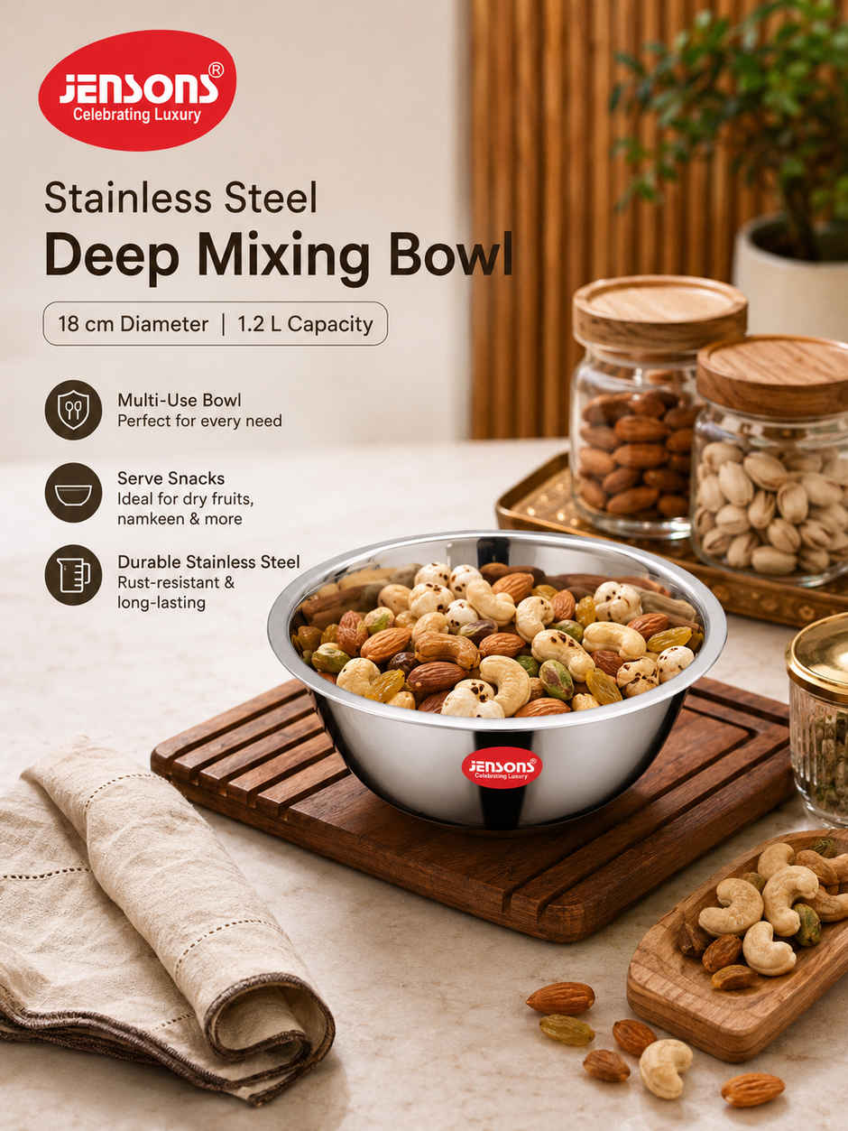 Jensons Stainless Steel Deep Mixing Bowl 18cm | 1.2L Food Grade Bowl | Prep Mix Serve Use