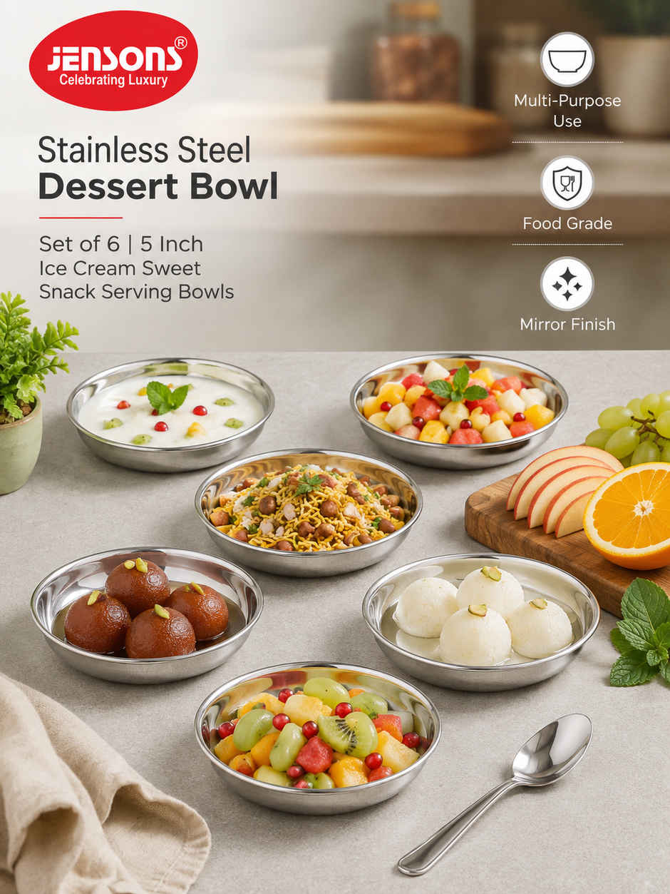 Jensons Stainless Steel Dessert Bowl Set of 6 | 5 Inch Ice Cream Sweet Snack Serving Bowls