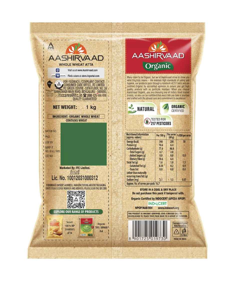 Aashirvaad 100% Organic Whole Wheat Atta, 0% Maida