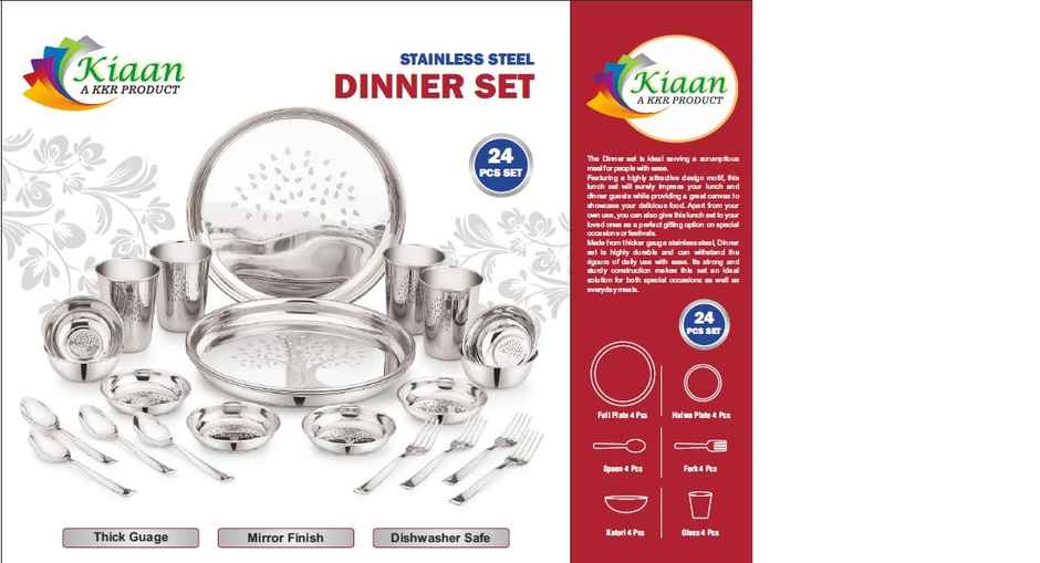 Stainless Steel Striped Dinner Set 4 Plate, 4 Dessert Plate, 4 Curry Bowl, 4 Glass (24 Piece)