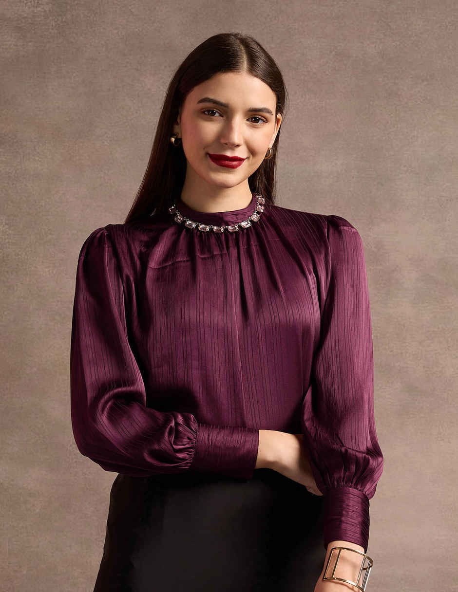 U.S. Polo Assn. Women's Christmas Tartan Check Spread Collar Top | Purple - S