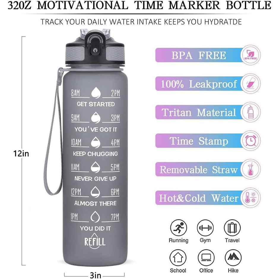 2Mech Plastic Water Bottle with Time Marker and Straw | Black | 1 L