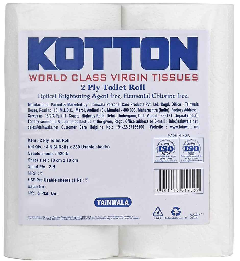 Kotton Toilet Roll - 2 Ply -100% Virgin Pulp/Paper, Pack of 4 ,230 sheets