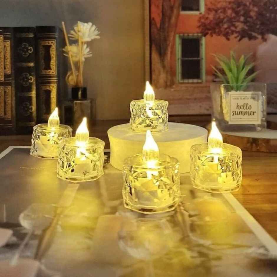 Perpetual LED Diya Candles Electric Flameless Smokeless Lights Pack of 12 Crystal Design