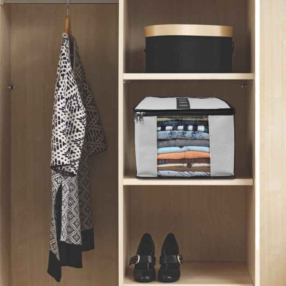 Prettykrafts Shirt Cover, Foldable & Durable Wardrobe Organizer, Pack Of 3 - Grey Black