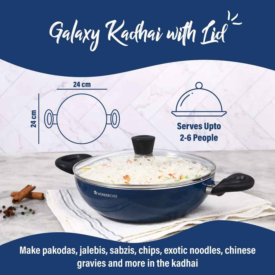 Wonderchef Galaxy Kadhai with Lid 24 cm | 2 Years Warranty | Midnight Blue - 2 L