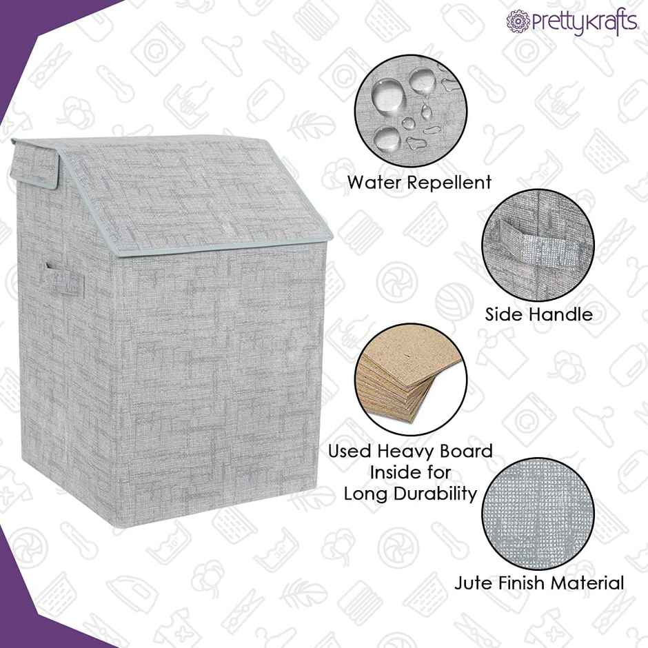 Prettykrafts 75L Laundry Square Basket Bag/Foldable/Multipurpose/Carry Handles/(Single) Jute Grey