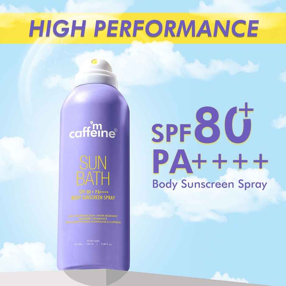 mCaffeine Sun Bath SPF 80+ Pa ++++ Body Sunscreen Spray | Blueberry | Sweat Resistant