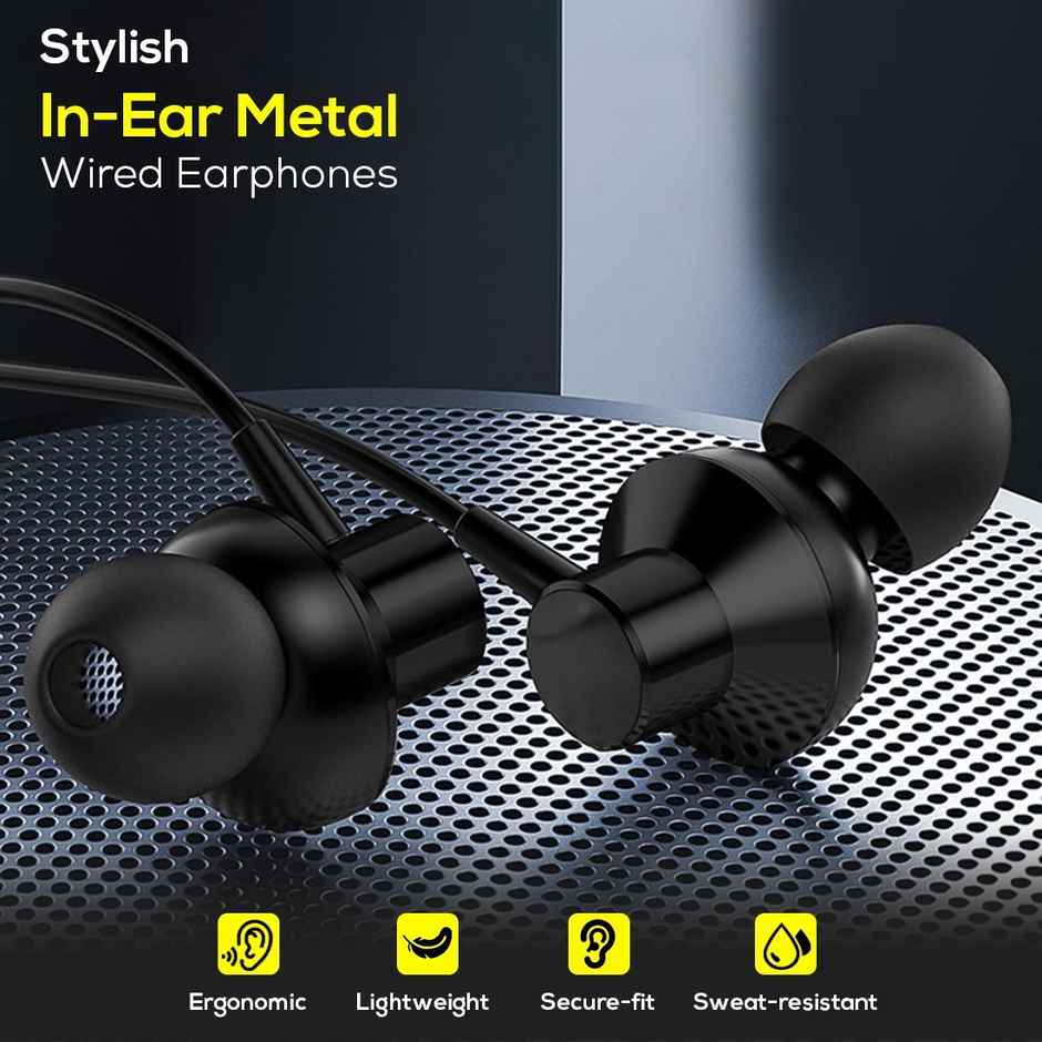 pTron Pride Lite Wired Earphones With Mic Stereo Audio Metal Buds 1.2M Tangle-Free Cable - Black
