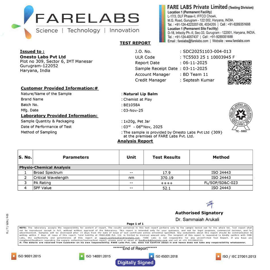 Chemist At Play Natural Lip Balm | Repairs Chapped Lips | Brightens Lips | SPF 50 PA++++