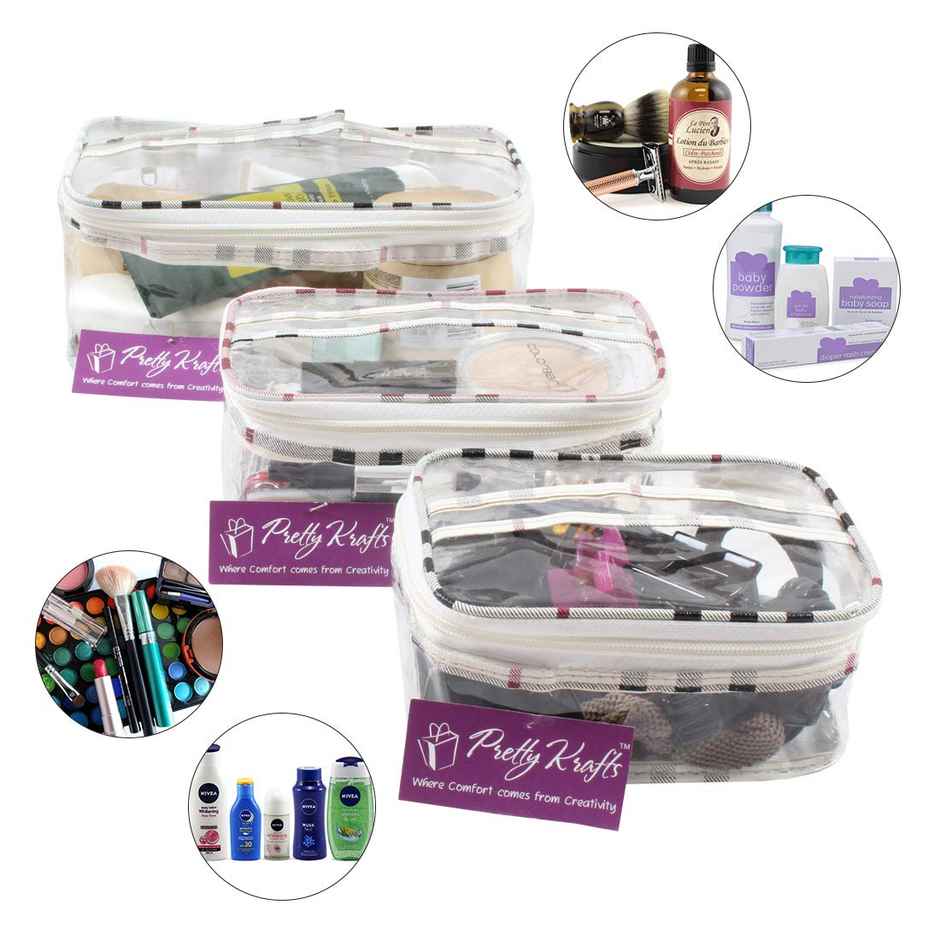 PrettyKrafts Transparent Travel Organizer Set | Multipurpose Pouches - Checks Design