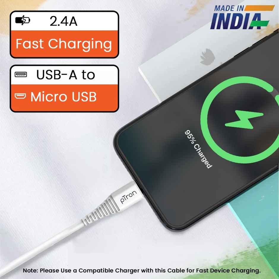 pTron USB-A to Micro USB 2.4A Fast Charging Cable Compatible with Android Phones/Tablets, 480mbps Data Transfer Speed, Made in India, Solero M241 Tangle-Free USB Cable (Round, 1M) - White