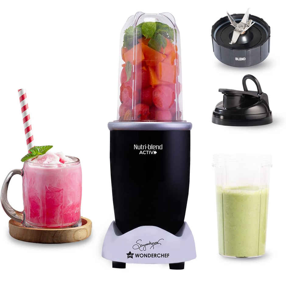 Wonderchef Nutri-blend Activ Mixer Grinder Blender, Smoothie Maker, 500W 22000 RPM 100% Full Copper Motor, 2 Jars, Stainless Steel Blades, Recipe book by Chef Sanjeev Kapoor - Black