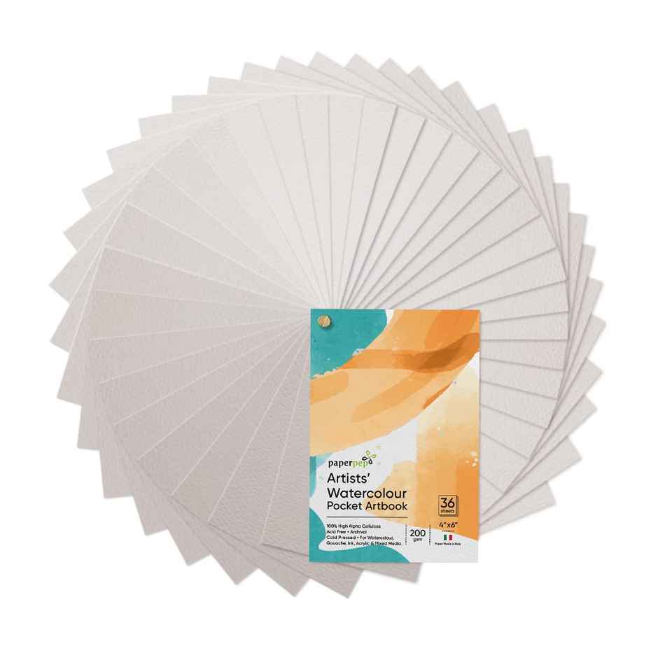Paperpep Watercolour Pocket Art Book unruled 200Gsm (36 Sheets, 10.16 x 15.24 cm)